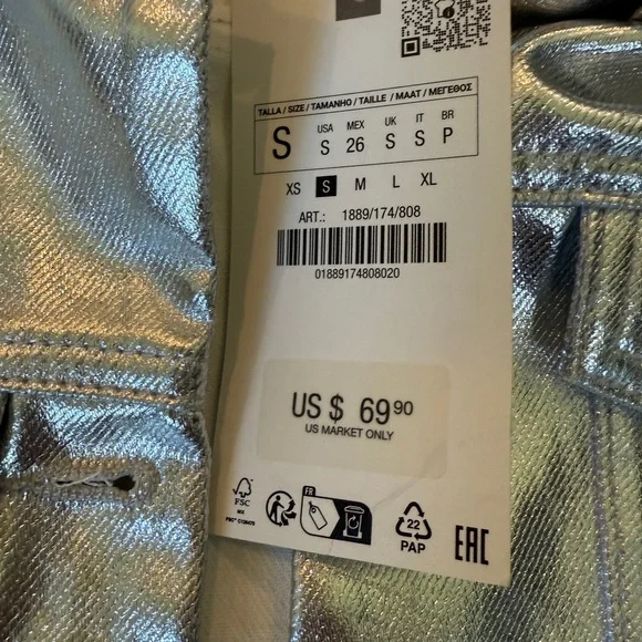 ZARA NWT WOMAN SILVER METALLIC CROP JACKET SIZE S REF. 1889/174 - Picture 4 of 4